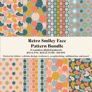 May include: A digital paper pack with eight seamless patterns featuring retro smiley faces in various colours and styles. The patterns include dripping smiley faces, sun-like smiley faces, and a checkered pattern with flowers.