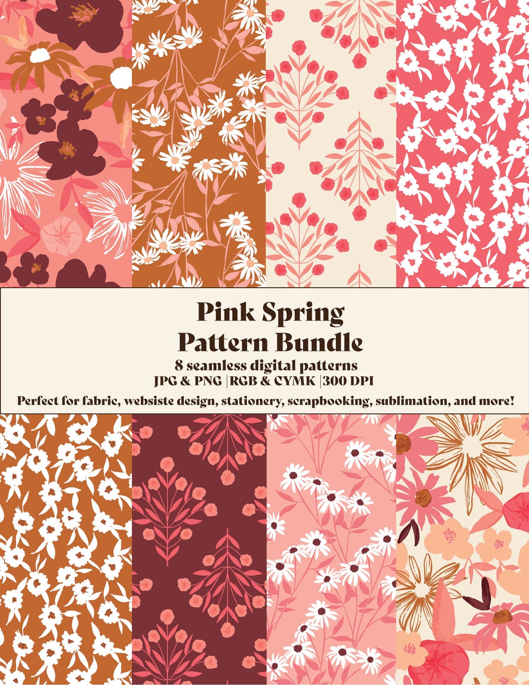Springy Pink Sample Happy Springtime Pink Seamless Pattern Bundle for Commercial Use, Pink ...