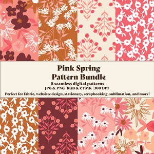 以下が含まれることがあります： ピンク、白、茶色の8つのシームレスな花の模様が入ったデジタルペーパーパック。模様には、デイジー、葉、ベリーなど、さまざまな花のデザインが施されています。画像の上部には「Pink Spring Pattern Bundle」というテキストが表示されています。