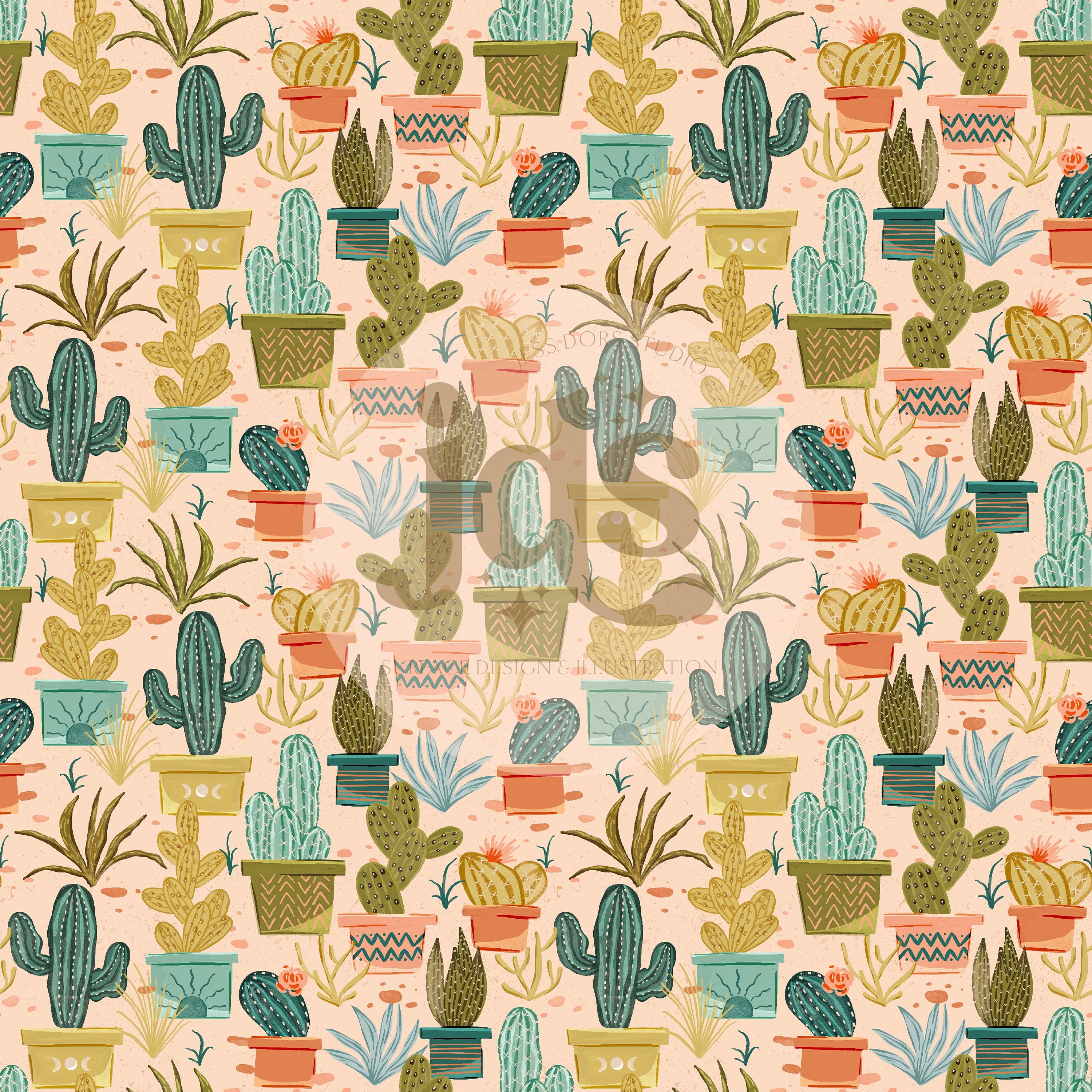 Simplicity Cactus Pattern Cute Cactus Seamless Repeat Pattern for Digital Download, Cute Cactus ...