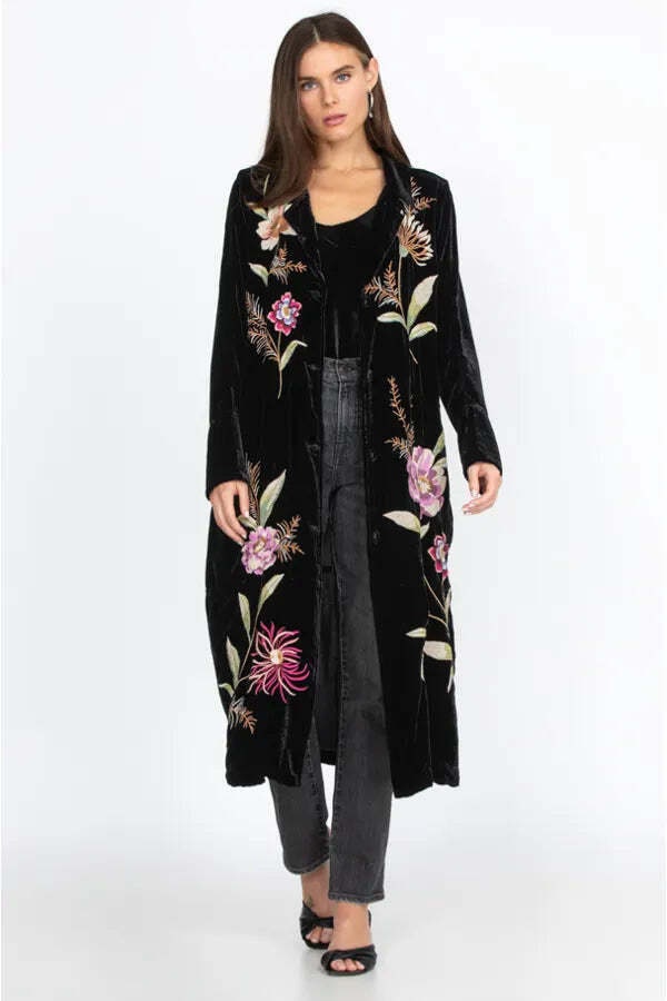 Johnny Was Meriah Velvet Duster Coat Long Sleeve Floral Embroidery