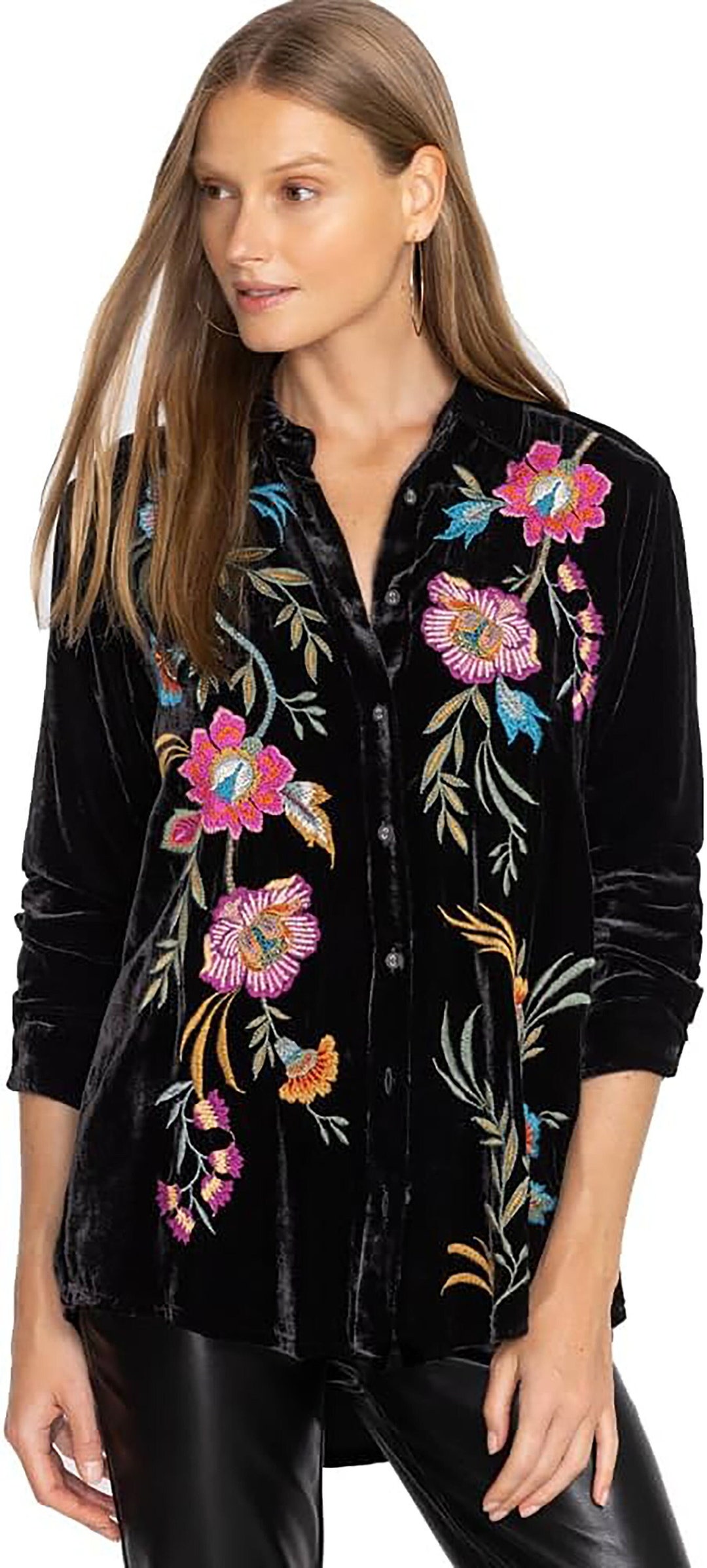 Johnny Was Sidonia Velvet Oversized Long Sleeve Embroidery Top Etsy