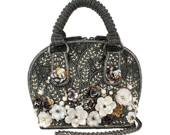 Mary Frances Date Night Beaded White Floral Top Handle Handbag Gray Purse Bag