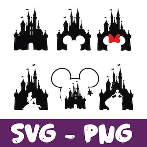 Paquete de svg de castillo, Princesa svg, Imágenes prediseñadas de castillo, Mickey mouse con cabeza de corazón, Reino mágico svg, Archivos cortados para silueta cricut