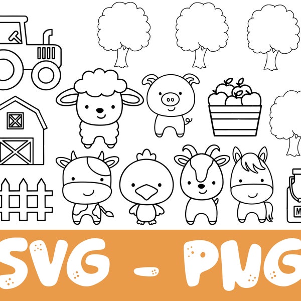 Cute Farm Animal Outline Svg, Kid Coloring, Outlined Farm Barn Animals, Children Coloring, Kid Activity, Digital Stamp, Svg