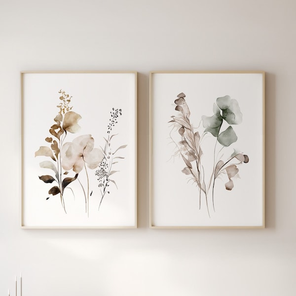 2 Piece Wall Art Sepia Tone Botanical Artwork Set - Elegant Watercolor Floral ArtPrints Soft Neutral Wall Art Duo Minimal Decor Contemporary