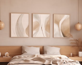 Triptych Beige Abstract Art — Neutral Wall Art Elegant Curved Line Neutral Tone Decor Set Minimalistic Forms for Living Room Boho Style Art