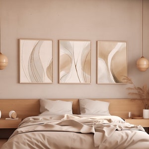 Triptyque Art abstrait beige — Art mural neutre Ligne incurvée élégante Décor de tons neutres Ensemble de formes minimalistes pour le salon Art de style Boho