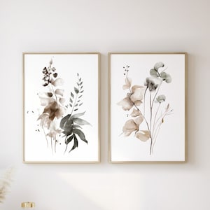 ニュートラルな水彩画の植物プリント 2 枚セット - ミニマルな花柄ウォールアートセット セピアトーンのホームデコレーション 洗練されたアートデュオ モダン ダウンロード プリント