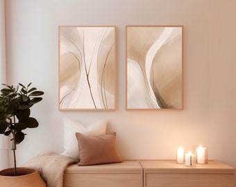 Natural Wall Art Elegant Abstract Line Art Duo  — Modern Beige and Cream Line Art Earth Tones Wall Art Digital Download Art-print Printable