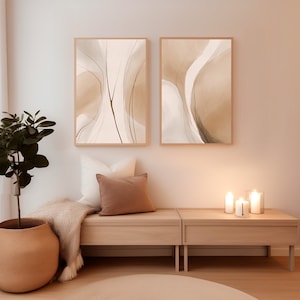 Natural Wall Art Elegant Abstract Line Art Duo  — Modern Beige and Cream Line Art Earth Tones Wall Art Digital Download Art-print Printable