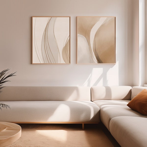 Díptico de curva abstracta abstracto en paleta neutra — Decoración de pared beige Boho Wall Art Print Descargar arte conjunto de impresión grande conjunto de arte beige de 2