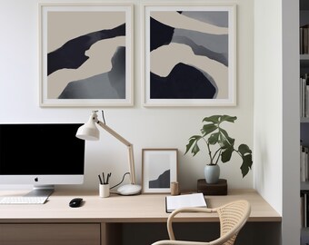 Set of Two Abstract Navy Abstract Wall Art — Neutral Office Home Decor Minimalist Navy Blue Wall Art Modern Large Abstract Painting Blue