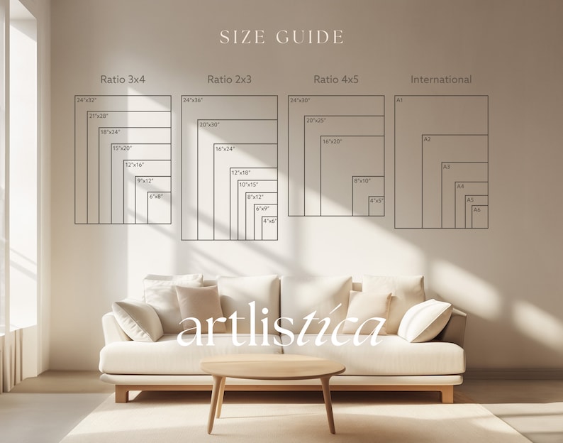 May include: A size guide graphic displays various print ratios and international paper sizes. The text "SIZE GUIDE" is at the top. Below, the ratios 3x4, 2x3, 4x5, and International are labeled with corresponding dimensions in inches. The word "artlistica" is at the bottom.