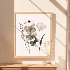 Neutral Floral Watercolor Art Print - Monochrome Botanical Illustration Wildflower Dark Floral Print Digital Artful Poster Digital Download