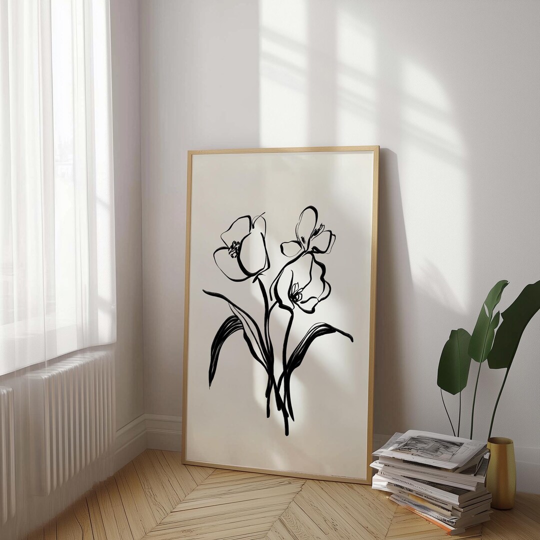 Dark Floral Line Art Print — Minimalist Wall Decor Botanical Poster ...