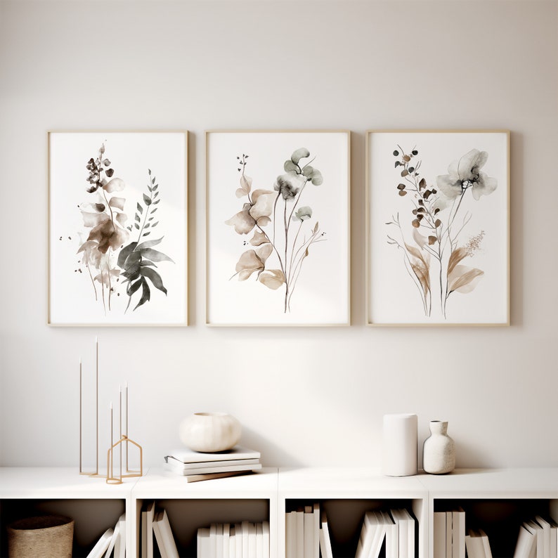 Minimalist Botanical Print Set of 3 in Sepia - Chic Watercolor Floral ...