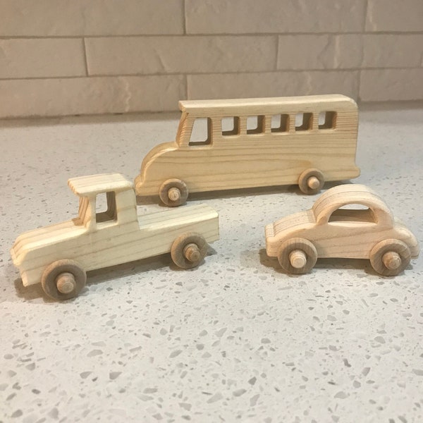 Set of 3 Wooden Car Truck Bus Push Toy Vehicles Gift for Boy Girl Kid Birthday, Wood Decor for Children Desk Shelf, Scroll Saw Handmade