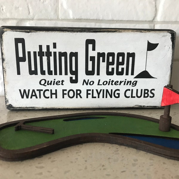 Rustic Golf Decor Wooden 7-inch Putting Green Sign Gift for Golfer Dad Men Birthday, Distressed Home Accent for Office Desk Shelf, Handmade