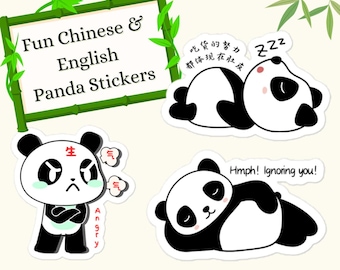 Cute Panda Stickers with English or Chinese Phrases/Words - Cute, Angry, Foodie, Vacation Pandas - For Laptops, Planners,Water Bottle,Phones