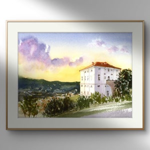 May include: A watercolor painting of a white building with a red roof, surrounded by trees and a field. The building is set against a backdrop of a cloudy sky with a sunset.