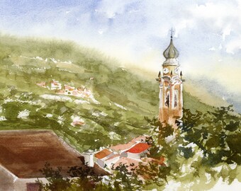 Cabella view watercolor art print, Landscape painting print, Italy wall art