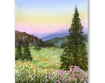 May include: Watercolour painting of a mountain landscape with a winding road leading through a field of wildflowers. The sky is a soft pink and yellow, and there are trees in the foreground and background.