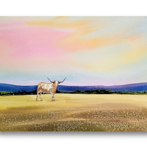 Landscape painting, Handmade watercolor, Western decor, Original watercolor painting, Longhorn wall art, Texas hill country art
