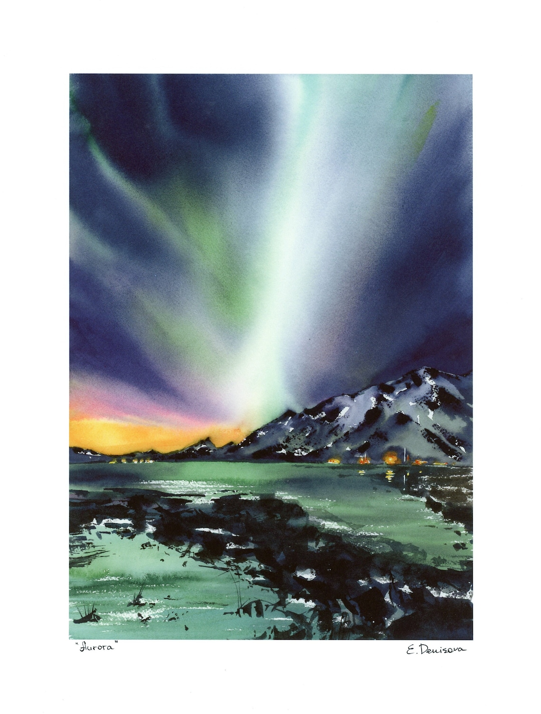 Northern Lights Print, Landscape Painting Watercolor Print, Aurora