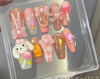 Cute 3D sculpture bunny bowtie lollipop pink cartoon press on nails/ y2k nails/ Handmade press on nail/ Cute design/ Acrylic nails press on