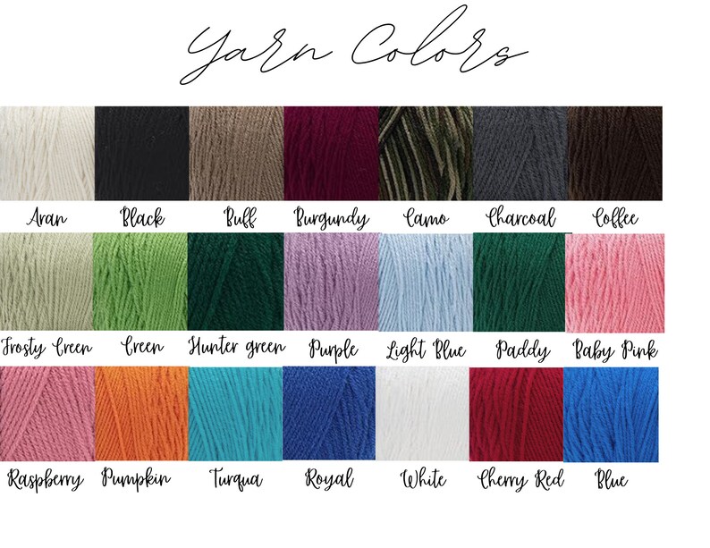 K&ouml;nnte beinhalten: Eine Farbkarte mit Garnfarben und Namen f&uuml;r jede Farbe. Die Farben umfassen Aran, Schwarz, Beige, Burgunder, Tarnmuster, Anthrazit, Kaffee, Frostig Gr&uuml;n, Gr&uuml;n, J&auml;gergr&uuml;n, Lila, Hellblau, Paddy, Babyrosa, Himbeere, K&uuml;rbis, T&uuml;rkis, Royal, Wei&szlig;, Kirschrot und Blau.
