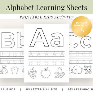 Hojas imprimibles para aprender el alfabeto para niños: actividad de trazado, coloreado y reconocimiento de letras / Descarga digital instantánea
