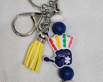 Autism Awareness Beaded Keychain – Handprint Charm with Tassel