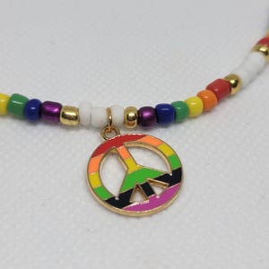 Rainbow Beaded Choker with Peace Sign Charm – Handmade Pride Necklace, Colorful LGBTQ+ Jewelry