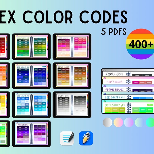 Hex color codes | 400 colors - 5 pdfs | hyperlinked