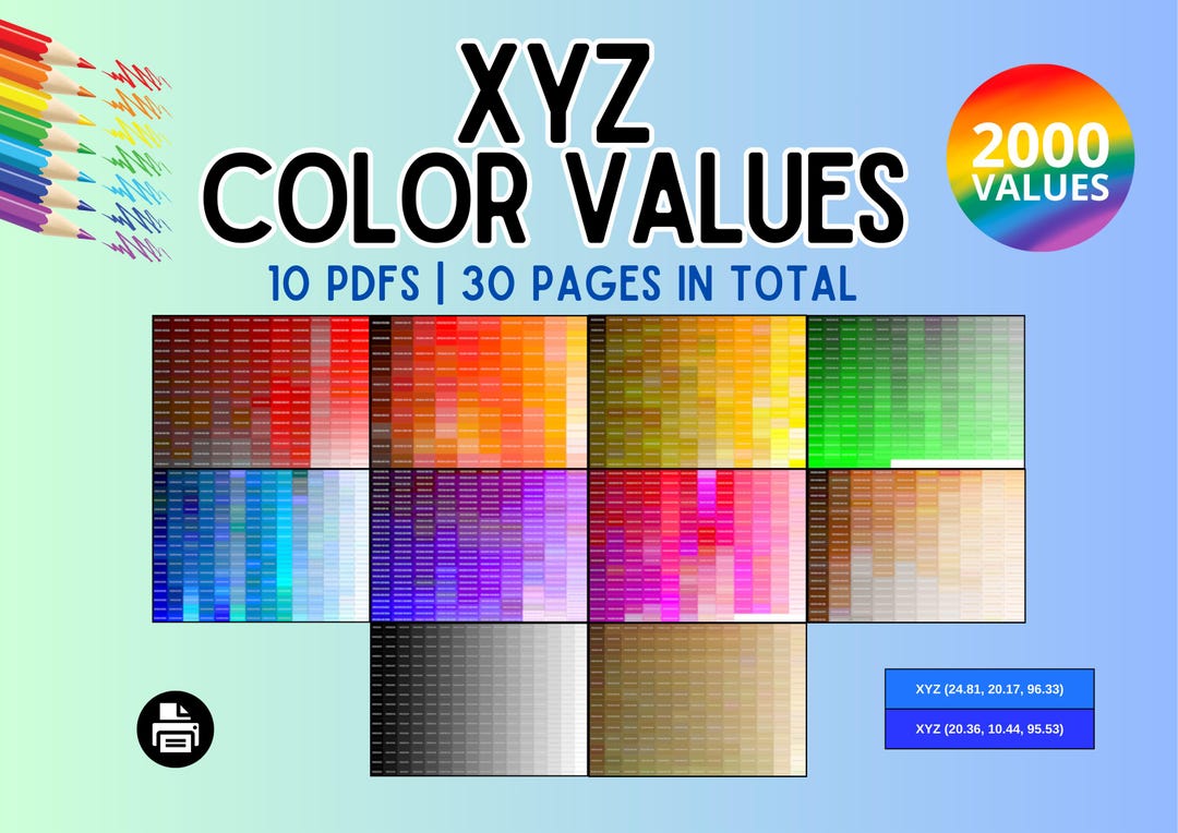 Shayz Color XYZ: 2000 Color Values Chart, Printable PDF Bundle | Color Swatch for ...