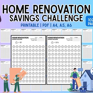 May include: A colorful graphic promoting a home renovation savings challenge. The design includes illustrations of a money bag, tape measure, and construction workers. Text reads "Home Renovation Savings Challenge" and "Printable | PDF | A4, A5, A6".