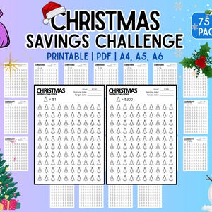 Puede incluir: Un desafío de ahorro navideño imprimible con un diseño festivo. La imagen presenta un árbol de Navidad, un muñeco de nieve y un gorro de Papá Noel. El texto incluye "Christmas Savings Challenge" y "Printable | PDF | A4, A5, A6".