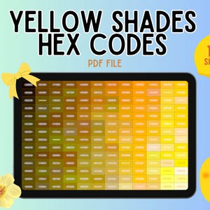 Tabela de códigos hexadecimais com 180 tons de amarelo para branding, web e design gráfico | Amostras de paletas de cores para impressão, amostras de cores para artistas e estudantes
