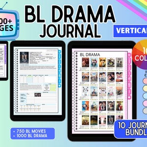 May include: A digital BL Drama journal bundle featuring 2600+ pages, vertical layout, and 10 color options. The display shows index pages, movie and drama tracking lists with thumbnails, and rating systems for 750 BL movies and 1000 BL dramas.