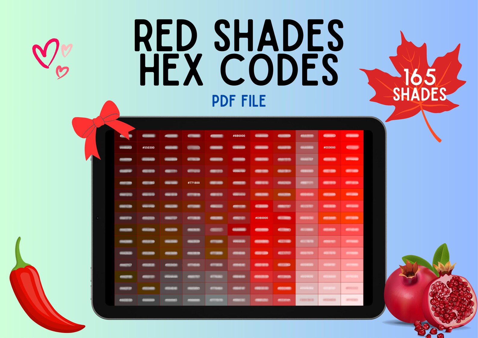 165 Shades of Red | Digital Hex Code Chart for Branding & Design - Etsy