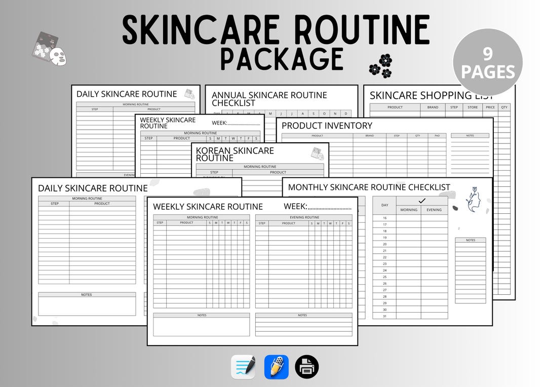 Skincare Routine Gray Pack: Printable Self-care Planner | Daily ...