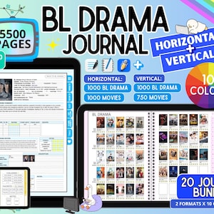 Puede incluir: Un paquete de diario digital BL Drama con 5500 páginas en formatos horizontal y vertical. Incluye 10 opciones de color, páginas de índice, registros de seguimiento de películas y series, y secciones de calificación con diversos pósteres.