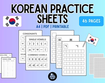 Korean Practice Sheets: 46 Printable Worksheets | Hangul Alphabet Writing, Beginner Korean Letter Tracing, Self-Study Handwriting Practice