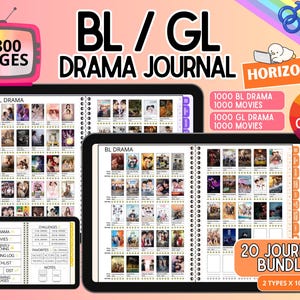 Pode incluir: Um diário digital de dramas BL/GL com 5800 páginas em 20 variantes. A interface exibe grades de cartazes de dramas, estrelas de classificação e abas de índice. Inclui etiquetas de texto como 1000 BL drama, 1000 movies, 1000 GL drama e 10 colors.