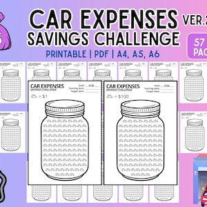 Puede incluir: Desafío de ahorro de gastos de coche imprimible con ilustraciones de tarros. El diseño incluye una bolsa de dinero morada, un billete y un gráfico de gasolinera. El texto dice "Car Expenses Savings Challenge" y "Printable PDF A4, A5, A6".
