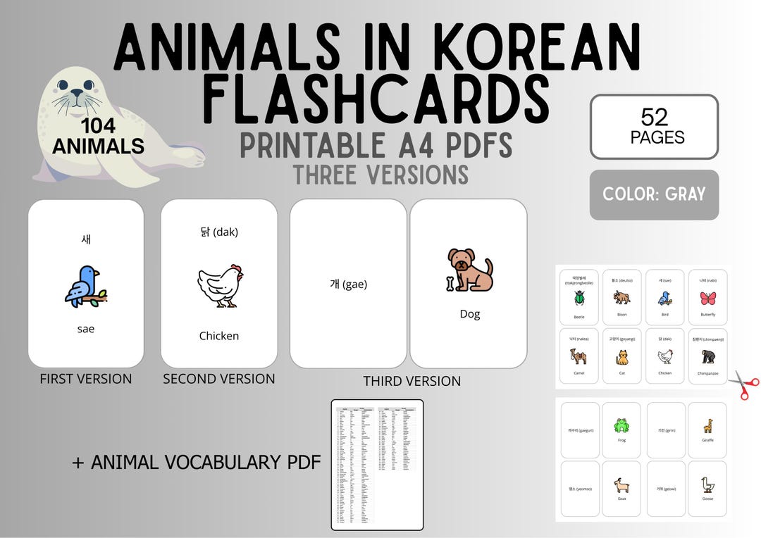 Animals in Korean Flashcards | Gray Color | 52 Pages | 104 Animals ...