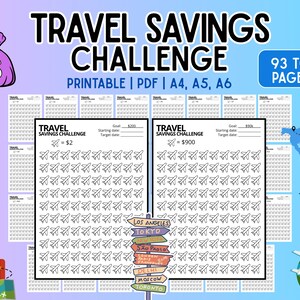 May include: A printable travel savings challenge with the text "Travel Savings Challenge" and airplane graphics. The image includes a passport, luggage, and a signpost with city names. The text reads "93 Total Pages 31 x 3".