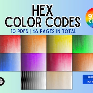 May include: Digital product featuring "HEX COLOR CODES" with 9300 codes. The image displays 10 PDFs with 46 pages total, showcasing color gradients. Includes color codes #0544C1 and #054CDC, and a rainbow color wheel.