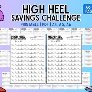 Puede incluir: Un "High Heel Savings Challenge" imprimible con dos plantillas, cada una con ilustraciones de tacones altos. Las plantillas están diseñadas para objetivos de ahorro de 100 € y 200 €. La imagen incluye un gráfico de bolsa de dinero e ilustraciones de zapatos de tacón alto.